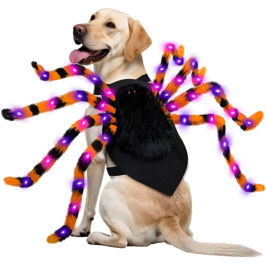 Xl-Size Soft Fur Dog Spider Costume with 64 LED Spider Legs - Giant Design for Large Dog Breeds - Ideal for Halloween Party Photos and Pet Cosplay